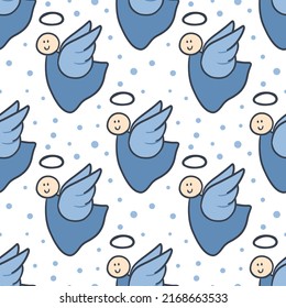 Vector Seamless Pattern with Cartoon Angels and Dots on a white background. Children's Cute Print in a Hand Drawn Style.