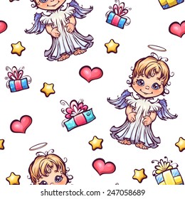 Vector seamless pattern with cartoon angels and gift boxes.