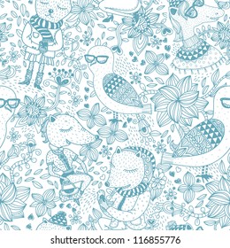 vector seamless pattern with cartoon animals on a floral background