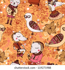 vector seamless pattern with cartoon animals on a floral background