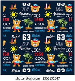 vector seamless pattern with cartoon animals, bear the surfer, beach sport
