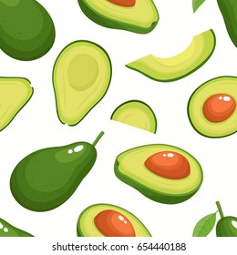 Vector seamless pattern with cartoon avocado isolated on white. Bright half, slice and whole of tasty fruits. Illustration used for magazine, book, poster, card, menu cover, web pages.