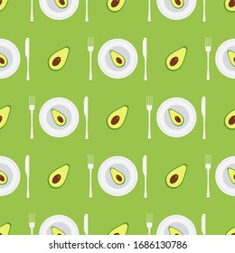 vector seamless pattern with cartoon avocados on a green background and avocado on plate with fork and knife. can be used as Wallpaper, packaging paper design, prints and other things. diet pattern