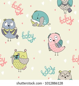 Vector seamless pattern with cartoon baby owls