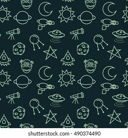 Vector seamless pattern with cartoon baby  styled space pictograms. 