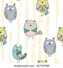 Vector seamless pattern with cartoon baby owls