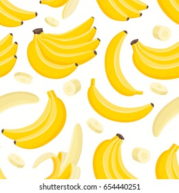 Vector seamless pattern with cartoon banana isolated on white. Branch of juice fruit. Illustration used for magazine, book, poster, card, menu cover, web pages.