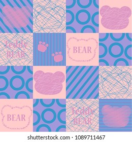 Vector seamless pattern with a cartoon bear and inscriptions. Cartoon print. Scrapbook paper, wrapping paper.
