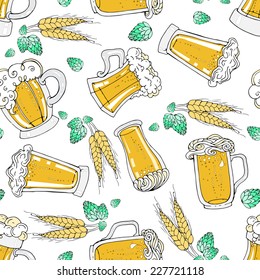 Vector seamless pattern with cartoon beer mugs. Cartoon background for use in design, web site, packing, textile, fabric