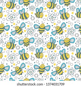 Vector seamless pattern with cartoon bees.