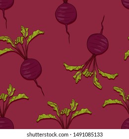 Vector Seamless Pattern of Cartoon Beetroots on Red Background