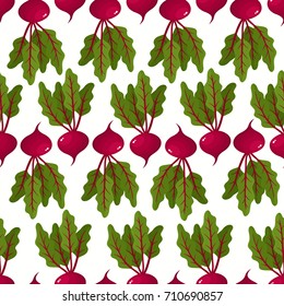 Vector seamless pattern with cartoon beets isolated on white. Bright tasty vegetables. Illustration used for magazine, kitchen textile, greeting cards, menu cover, web pages.