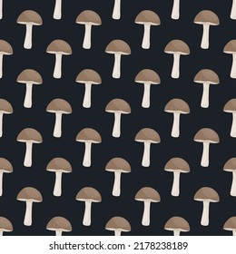 Vector Seamless Pattern with Cartoon Birch Mushroom on Black. Seamless Texture, Hand Drawn Cartoon Birch Mushrooms. Design Template for Textile, Wallpaper, Seamless Print