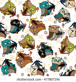 Vector seamless pattern. Cartoon bird, owl, branch and leaves elements. Hand drawn animal and herbal art. Autumn forest, fall wallpaper. Background in sketch style