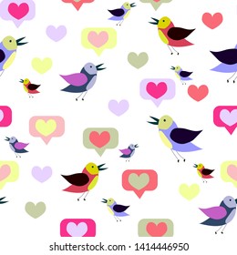 Vector seamless pattern with cartoon birds and hearts. Spring, summer design