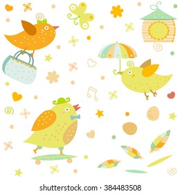 Vector seamless pattern with cartoon birds. Great for spring Baby, Valentine's Day, Mother's Day, happy easter, seasonal greeting cards, family events.
