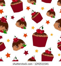 Vector seamless pattern - cartoon birthday chocolate pudding and cake with cherries and jam on white background,  illustration for textile, fabric, wrapping paper, restaurant menu or cakeshop poster