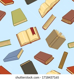 Vector Seamless Pattern of Cartoon Books on Blue Background