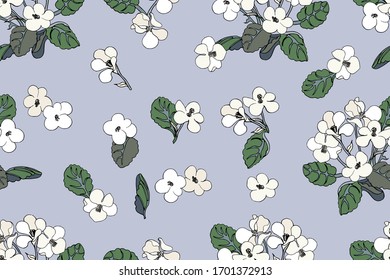 Vector seamless pattern cartoon, bouquet Violets indoor flowers outline, on light blue background, outline hand drawn, floral print for decorating textiles, wallpaper, fabric, wrapping paper.