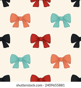 Vector Seamless Pattern with Cartoon Bow Tie or Gift Bow with Outline on White Background. Bow Design Template