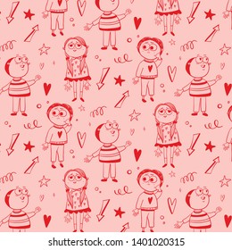 Vector seamless pattern with cartoon boys and girl and decorative elements suitable for St Valentine's greeting card or wrapping paper. Illustration about love.