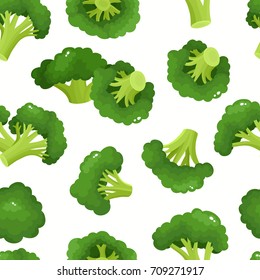 Vector seamless pattern with cartoon broccoli isolated on white. Bright tasty vegetables. Illustration used for magazine, kitchen textile, greeting cards, menu cover, web pages.