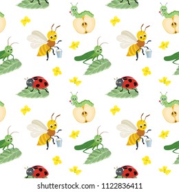 Vector seamless pattern of cartoon bugs on white background. Grasshopper, ladybug, caterpillar and bee in flat style.