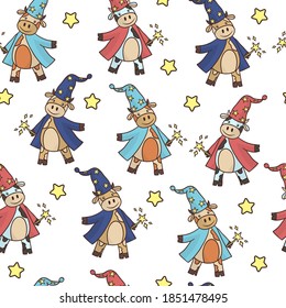 Vector seamless pattern with cartoon bull wizard with a magic wand, the symbol of 2021, on a white background