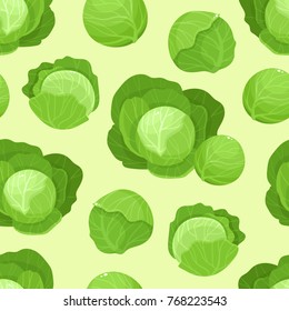 Vector seamless pattern with cartoon cabbage isolated on yellow. Bright tasty vegetables. Illustration used for magazine, kitchen textile, greeting cards, menu cover, web pages.