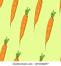 Vector Seamless Pattern of Cartoon Carrot on Green Background