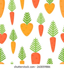 Vector seamless pattern with cartoon carrots. Carrots for Easter Bunny. 