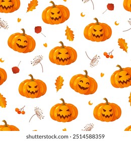 Vector seamless pattern with cartoon carved pumpkins in different faces expressions for Halloween holiday on white background.	