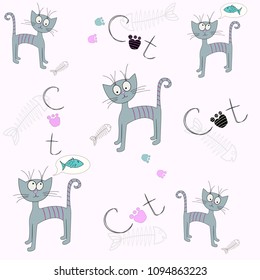Vector seamless pattern with a cartoon cat. Illustration of a hungry cat. Cute print. Print for textiles.