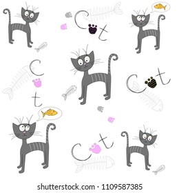 Vector seamless pattern with a cartoon cat. Illustration of a hungry cat. Cute print. Print for textiles.