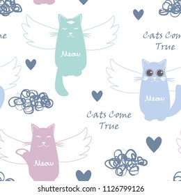 Vector seamless pattern with cartoon cats flying into the heaven. Cats come true text