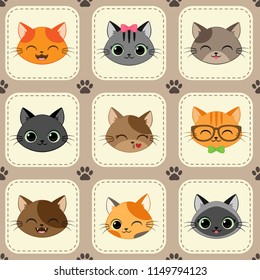 Vector seamless pattern with cartoon cats and footprints