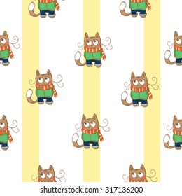 Vector seamless pattern with cartoon cats in clothes on a striped background.