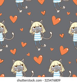 Vector seamless pattern with cartoon cats in dresses and hearts on a gray background.