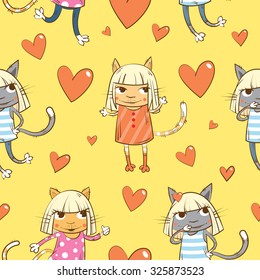 Vector seamless pattern with cartoon cats in dresses and hearts on a yellow  background.