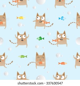 Vector seamless pattern with cartoon cats and fishes on  blue background.