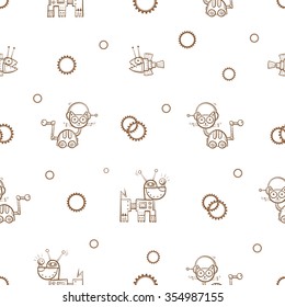 Vector seamless pattern with cartoon cats, dogs and fishes  robots  on  white  background.