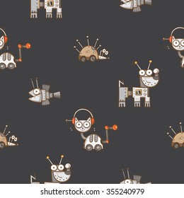 Vector seamless pattern with cartoon cats, dogs, hedgehogs  and fishes  robots  on  dark   background.