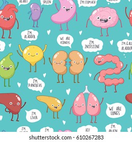 Vector seamless pattern with cartoon characters. Human internal organs. Vector cute smiling heart, lungs, kidneys, liver, stomach, bladder, pancreas, gall bladder, intestine