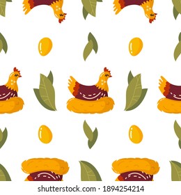 Vector seamless pattern of cartoon chicken sitting on a nest, leaves, eggs on a white background.