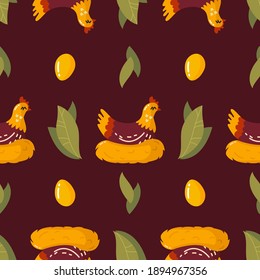 Vector seamless pattern of cartoon chicken sitting on a nest, leaves, eggs on a dark background.