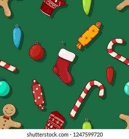 Vector Seamless Pattern with Cartoon Christmas Objects on Green Background