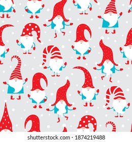 Patrón vectorial sin fisuras con gnomos de navidad de dibujos animados aislados en gris. Feliz Año Nuevo.