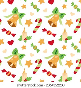 vector seamless pattern with cartoon Christmas bells with bows, stars, lollipops, candies, hearts and candles. New Year's background.