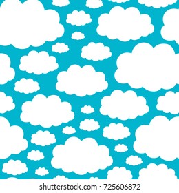 Vector Seamless Pattern with Cartoon Clouds on Blue Background.
