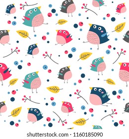 Vector seamless pattern with cartoon colorful birds, leaves and berries. Cartoon autumn illustration. Perfect for wrap paper, wallpaper, background, fabric print.